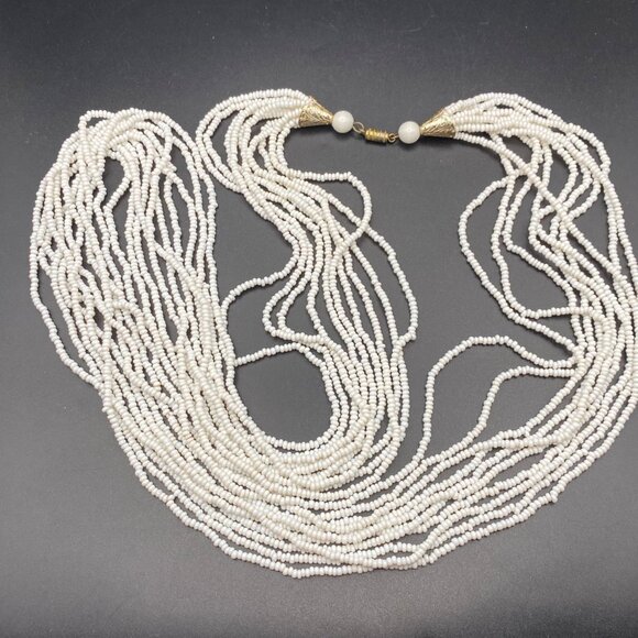 White Seed Bead Multi Strand Necklace Gold Tone Filigree Caps Glass 32" Vtg READ - Picture 5 of 8
